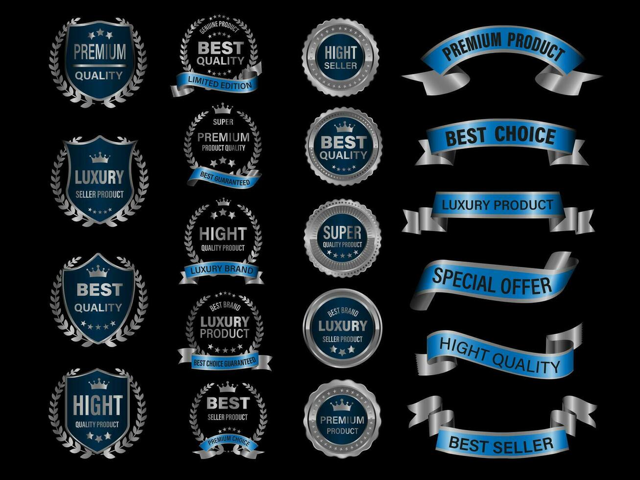 Silver blue luxury premium quality label badges on black background vector