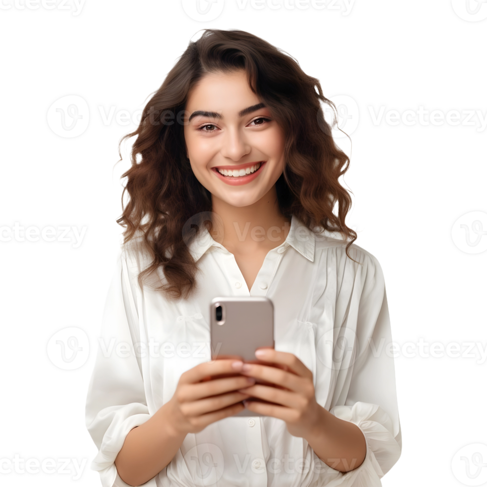 ai genererad kvinna använder sig av mobil telefon medan stående på transparent bakgrund - ai genererad png