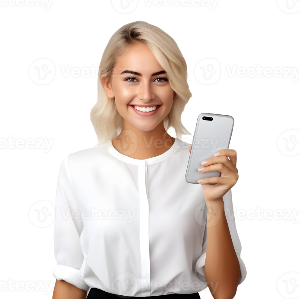 ai genererad kvinna använder sig av mobil telefon medan stående på transparent bakgrund - ai genererad png