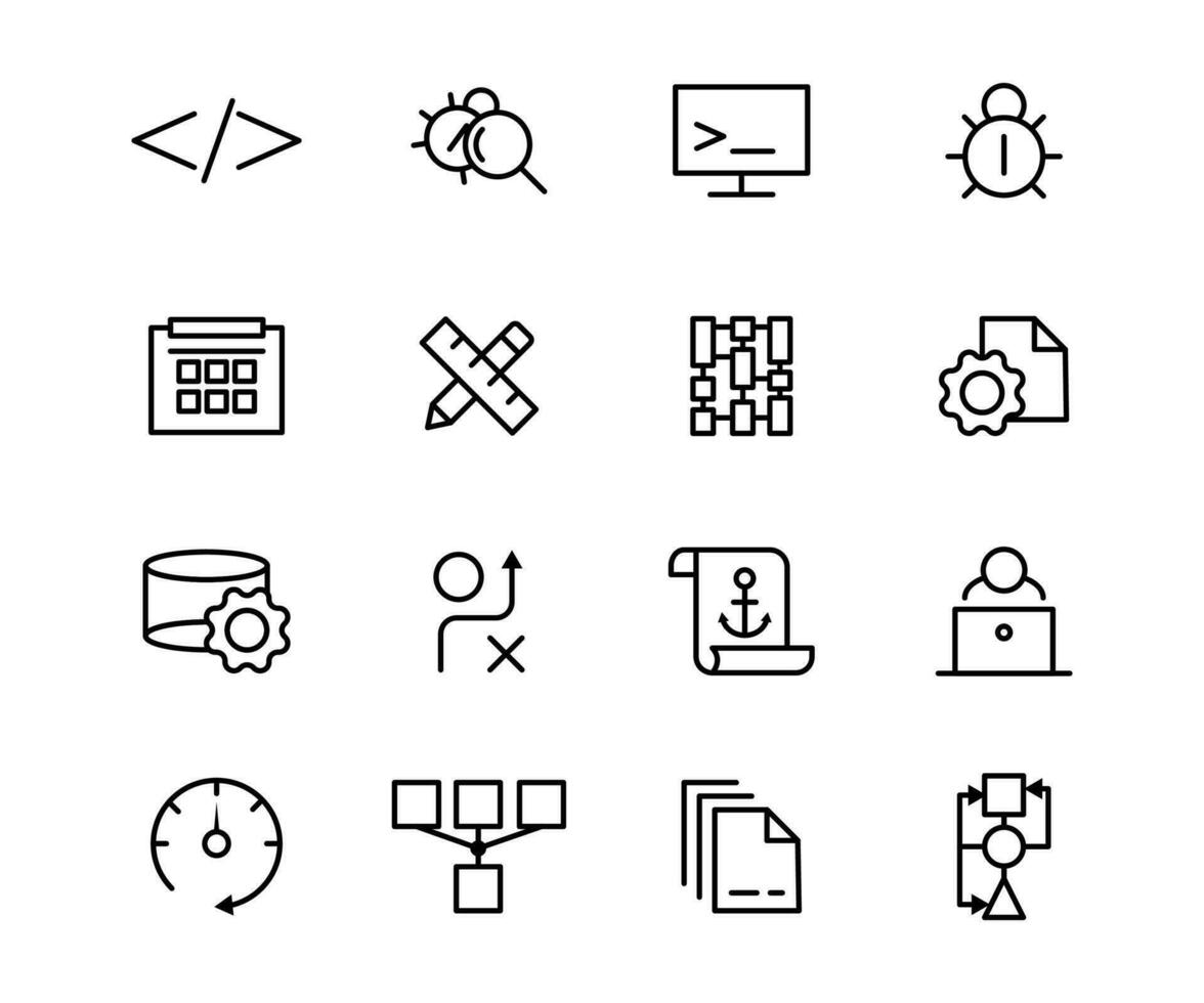 Vector line icon set development . Business technology web outline symbol and management cyberspace coding. Collection innovation planning and datum analysis connection service