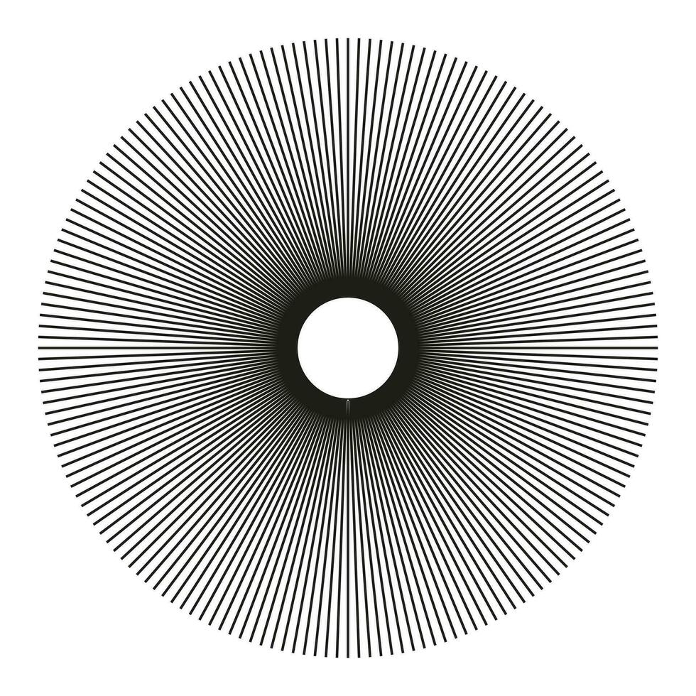 Radial circle lines. Circular lines element, shape. Spokes with radiating stripes. Symbol of Sun star rays. Flat design element. Abstract illusion geometric grid. Vector graphic illustration. Eps.