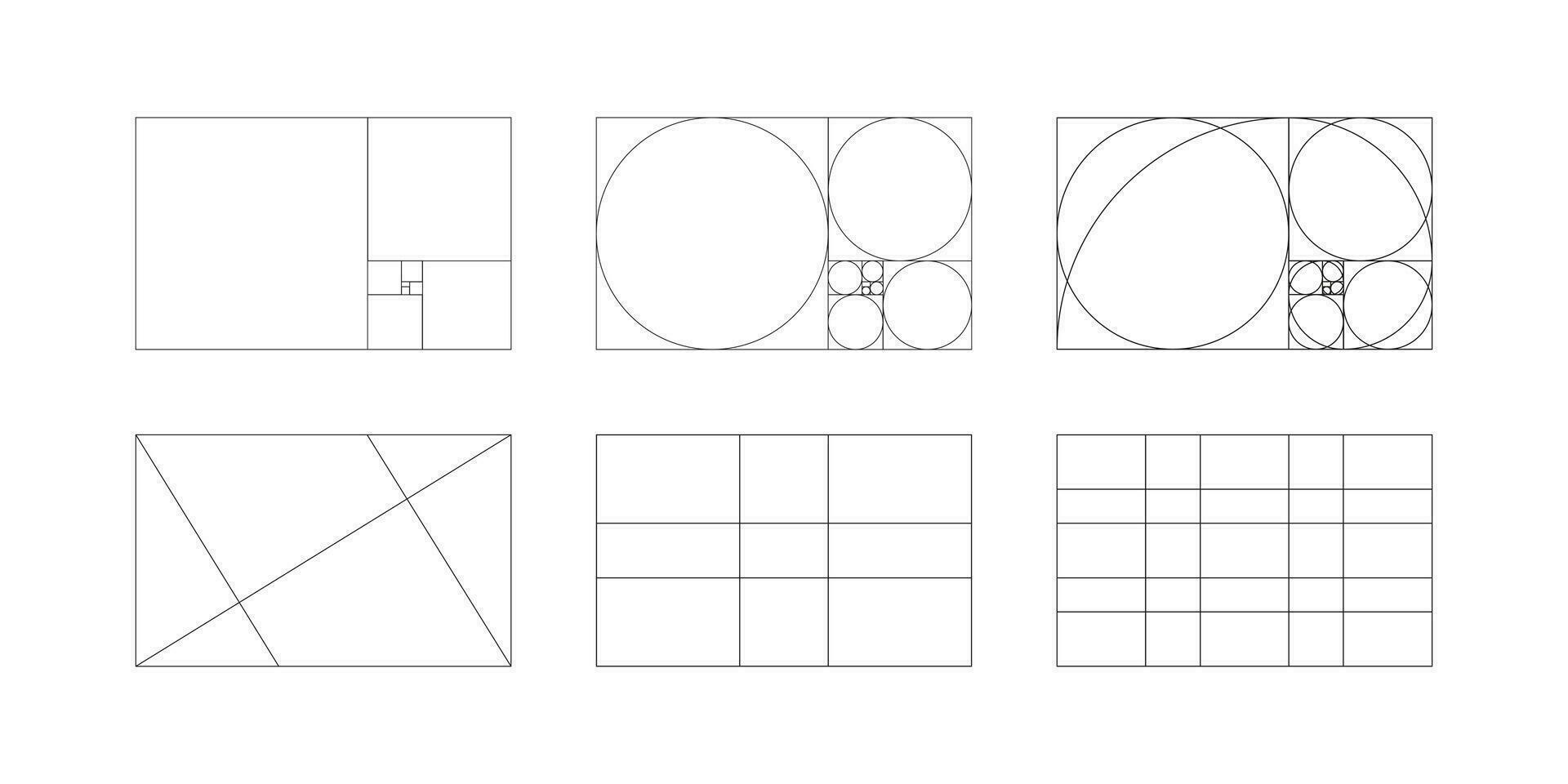 Golden ratio template. Method golden section. Harmony proportions frames. Fibonacci array, numbers. Golden proportion grid. Outline vector illustration. Eps.