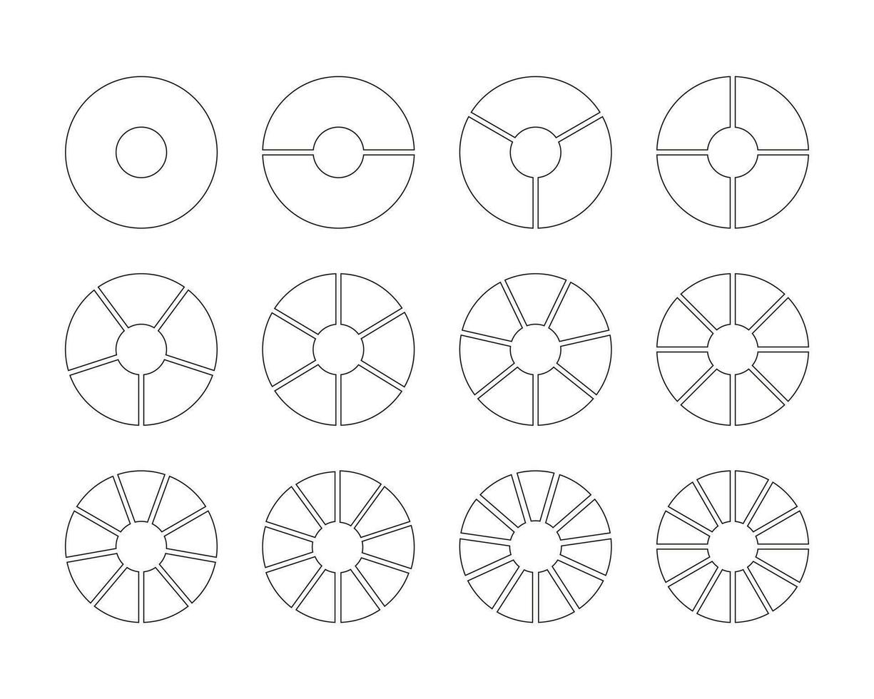 Circle division on 1, 2, 3, 4, 5, 6, 7, 8, 9, 10, 11, 12 equal parts. Wheel round divided diagrams with segments. Coaching blank. Diagram infographic set. Pie chart simple icons. Vector template. Eps.