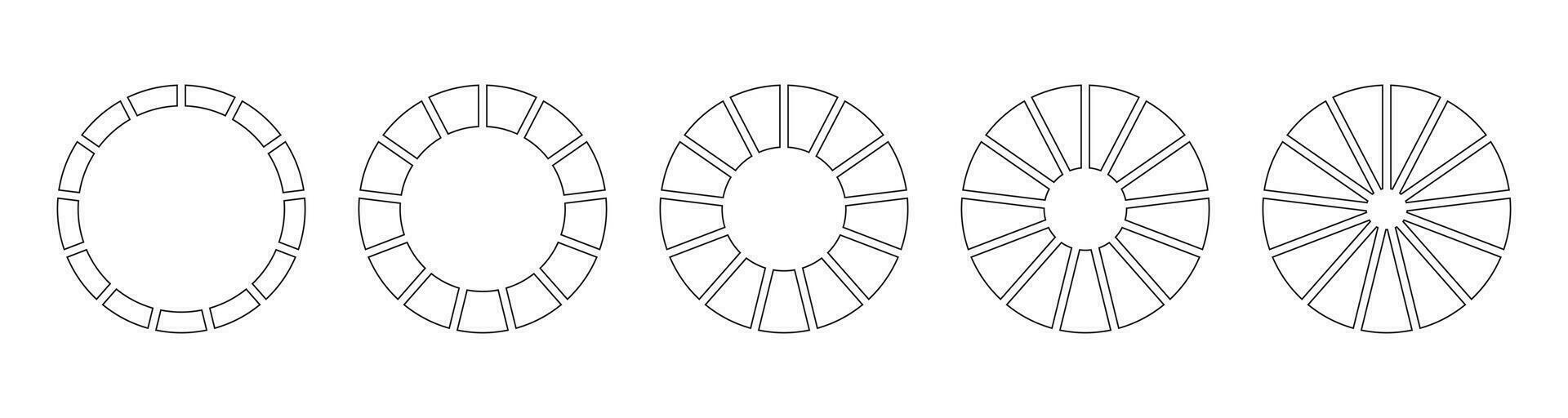 Circle division on 13 equal parts. Wheel divided diagrams with  thirteen segments. Set of simple infographic. Coaching blank. Circles section graph line art. Outline donut charts or pies icons. vector