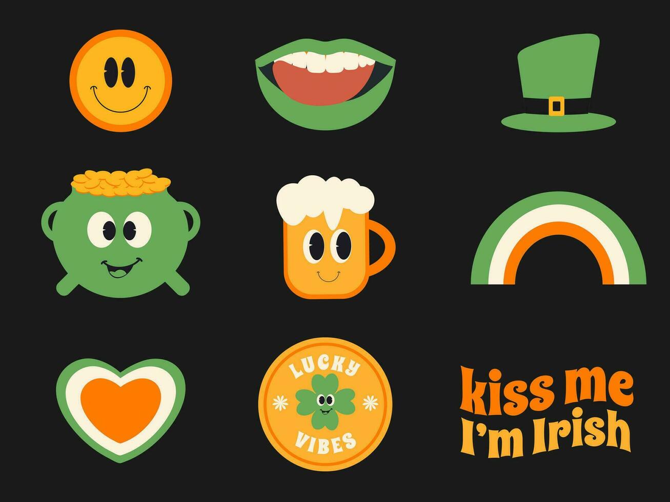 Y2k saint Patrick day retro sticker pack vector