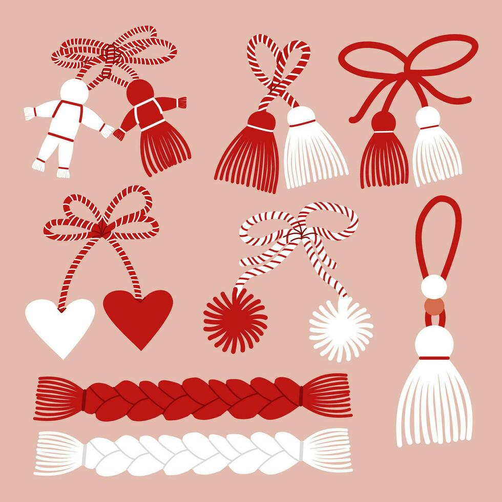 Martisor set, red and white symbol of spring. Traditional spring holiday in Romania and Moldova.The Martisor holiday, the meeting of early spring. A set of cute different charms - Martenitsa. vector