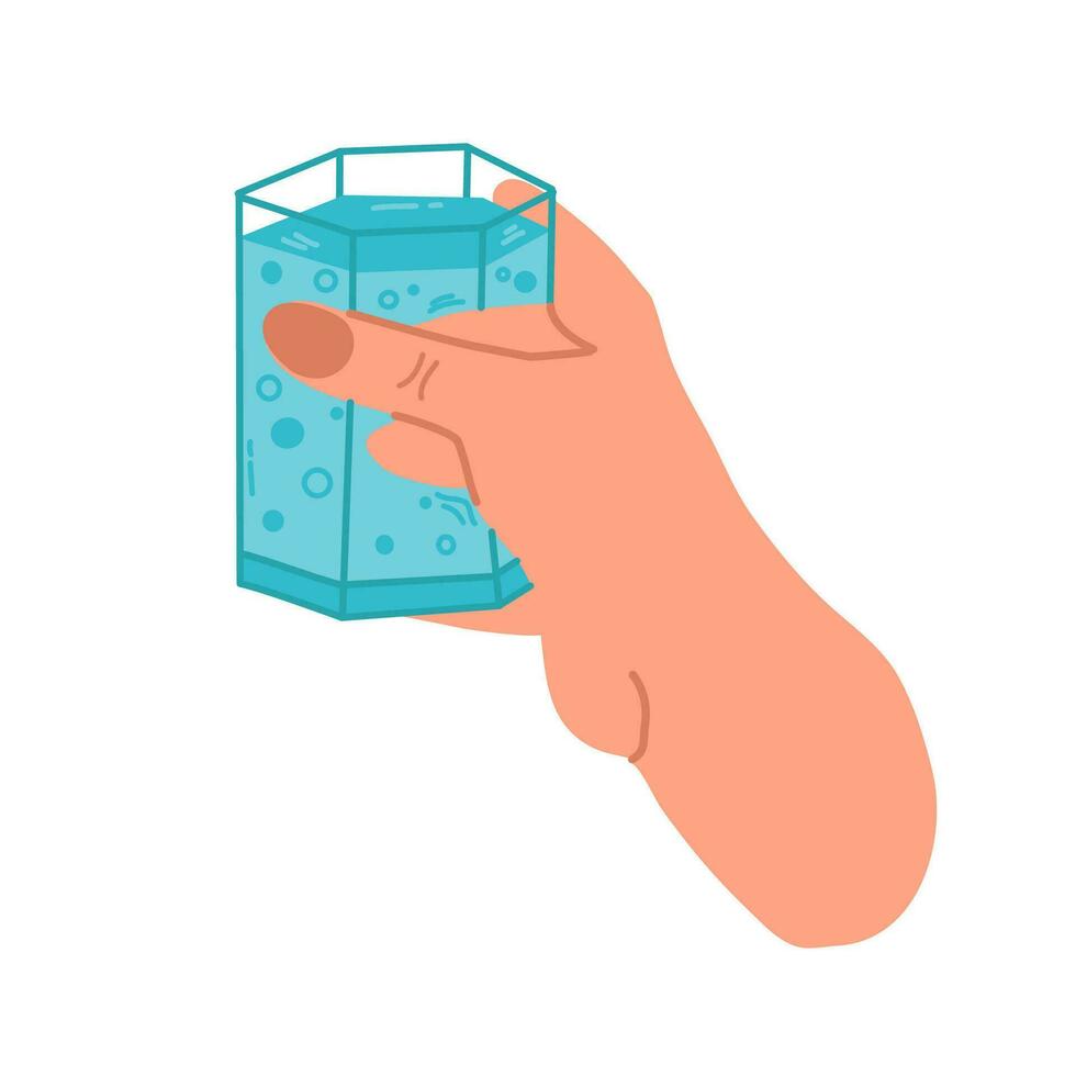 bebida más agua.a vaso de agua en tu mano. Arte póster con spray acuático. vector concepto