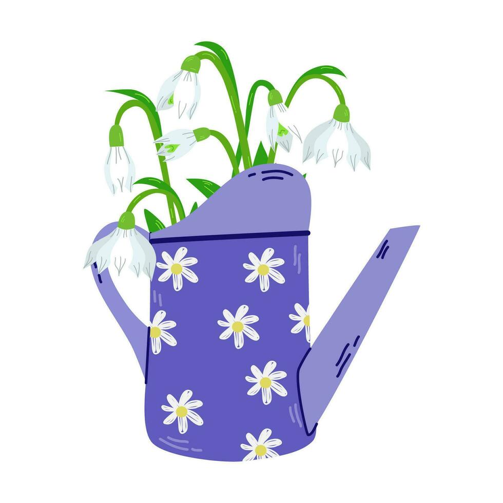 Snowdrops in a watering can. Spring bouquet. Gardening illustration.Happy Spring Moments. Flat minimal design. vector