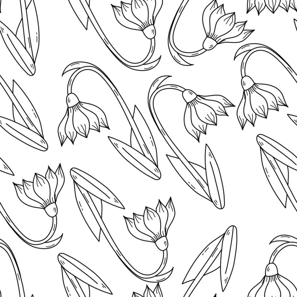 Snowdrops flower in doodle style seamless pattern. Vintage Romantic Spring Garden Bloom background. vector