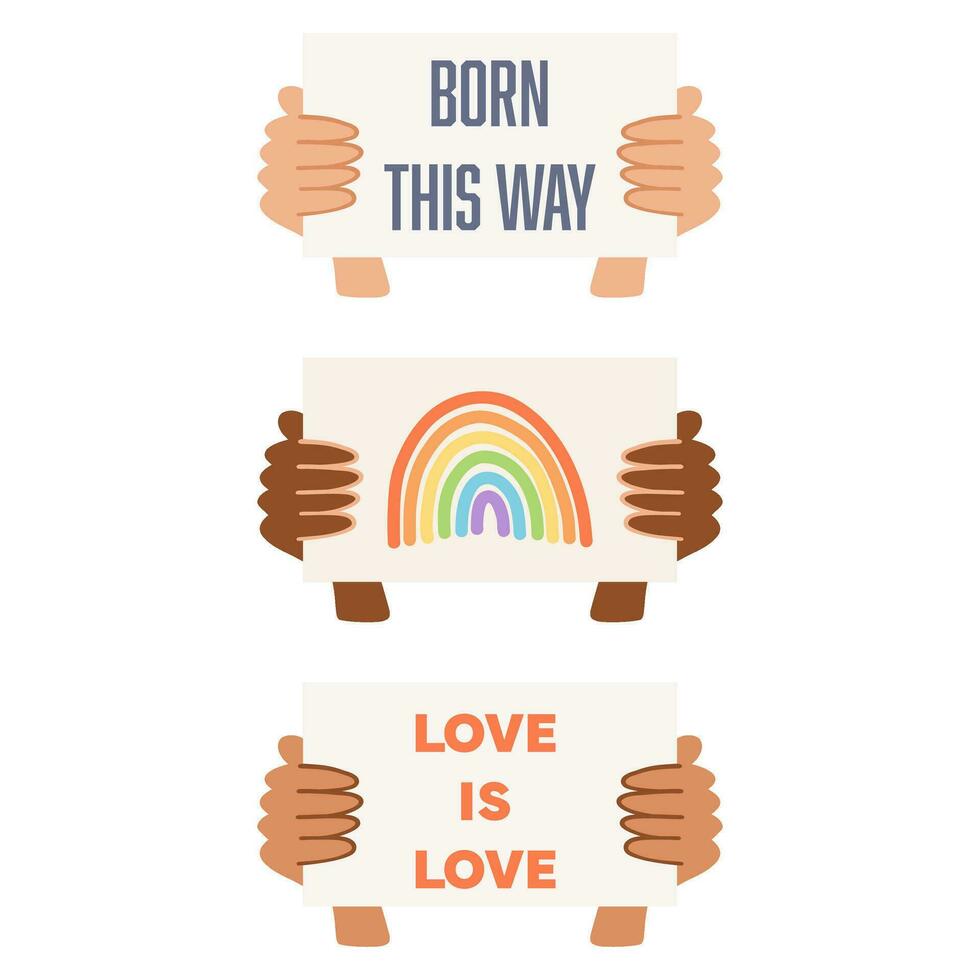 conjunto de manos con diferente piel colores participación carteles orgullo mes concepto, lgbtq movimienot, personas diversidad, género igualdad. vector