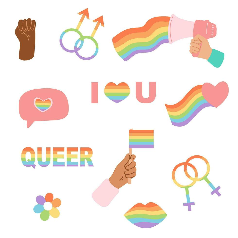 orgullo mes concepto, género igualdad, personas diversidad. conjunto de elementos tal como arco iris bandera, corazón, labios, masculino y hembra símbolo, megáfono. vector