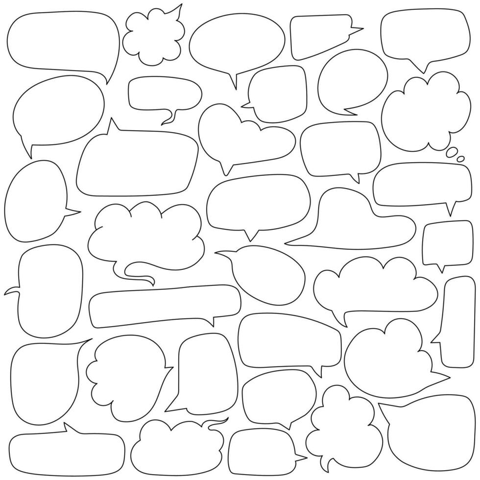 Hand drawn set of bubble speech. Line vector doodles of conversation clouds, sketch elements.