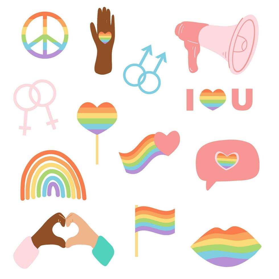 Pride month concept, gender equality, people diversity. Set of elements such as rainbow flag, heart, lips, male and female symbol, megaphone vector