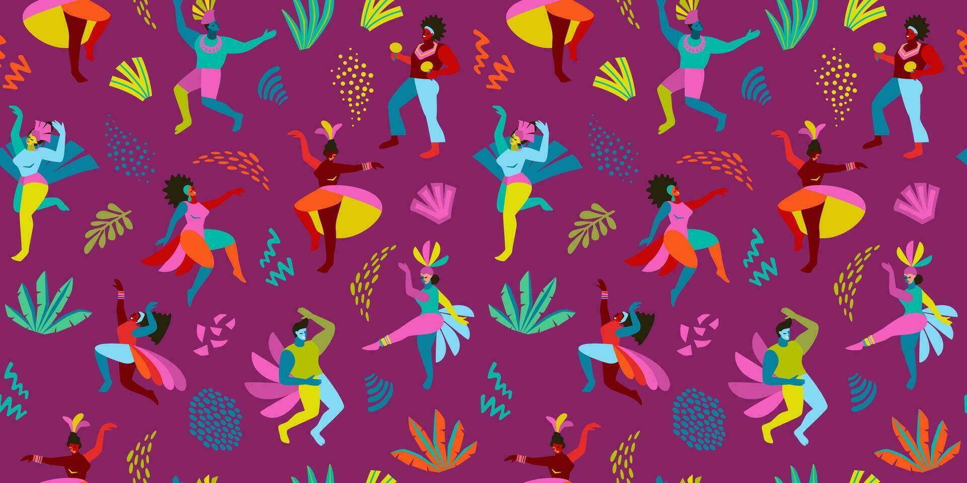 Vector seamless pattern with abstract men and women in bright costumes. Brazil carnival. Design templates for carnival concept and other use