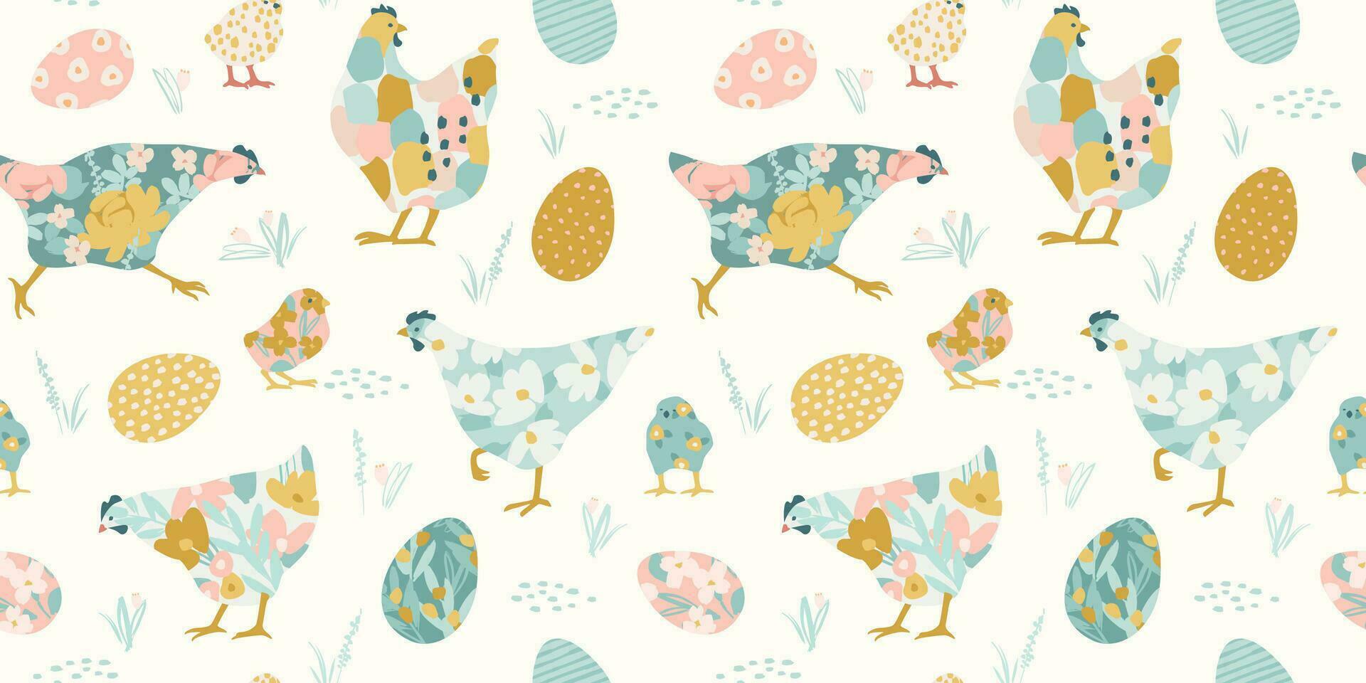 Happy Easter. Vector seamless pattern with abstract chickens. Design element.