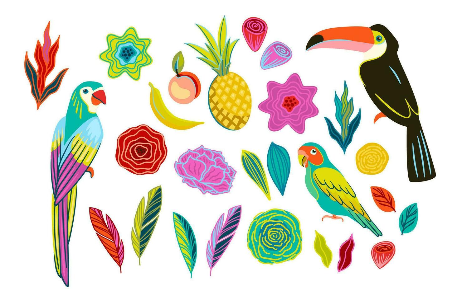 A set of bright illustrations of tropical birds, flowers and fruits. Isolated elements. Vector design