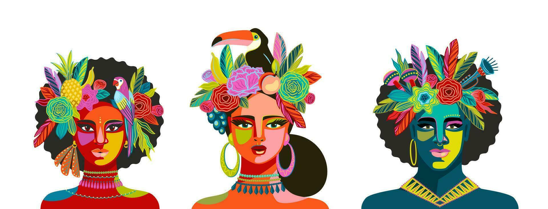 Portrait of people in brazil carnival outfits. Vector isolated illustrations. Design elements for carnival concept and other use