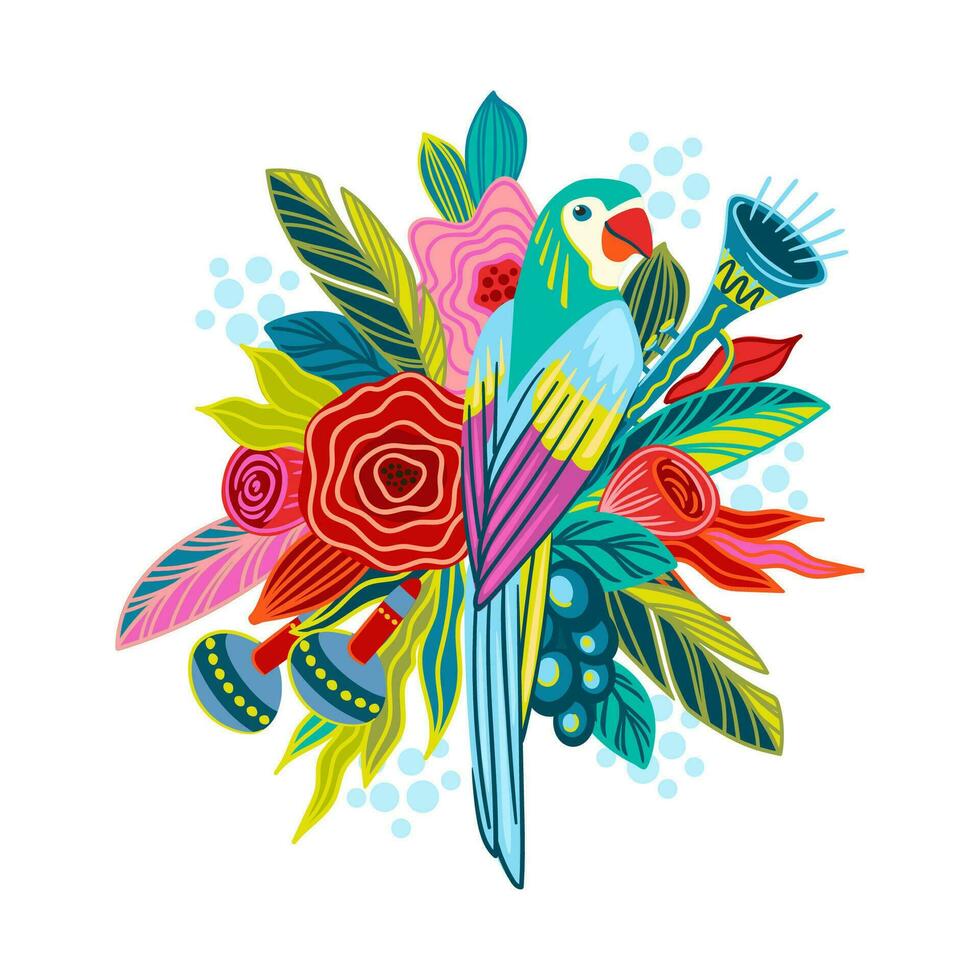 Isolated illustration with flowers and parrot. Brazil carnival. Vector design for carnival concept and other use