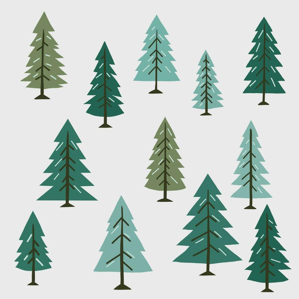 Pine trees freehand drawing flat design. vector