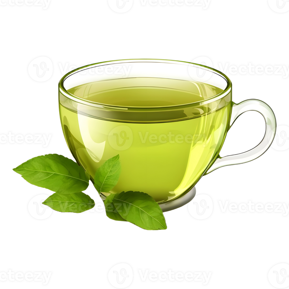 AI generated Green Tea in a Plate with Leaves Around on Transparent background - Ai Generated png