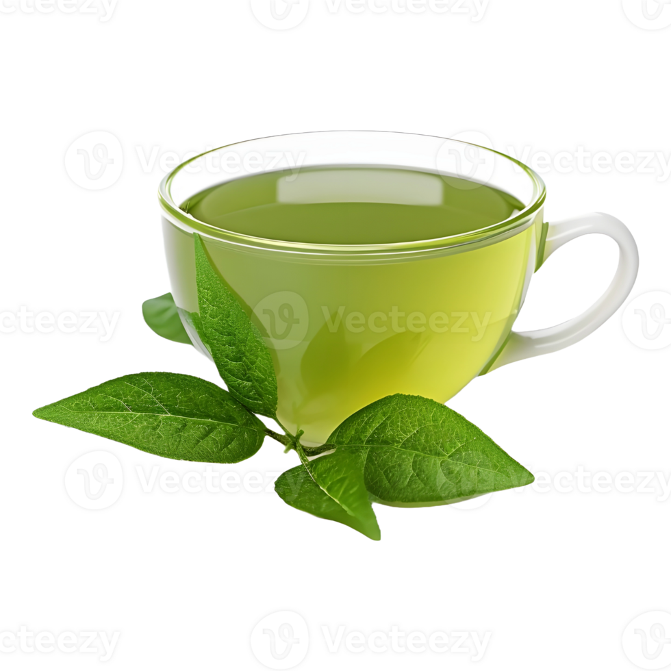 ai generado verde té en un plato con hojas alrededor en transparente antecedentes - ai generado png