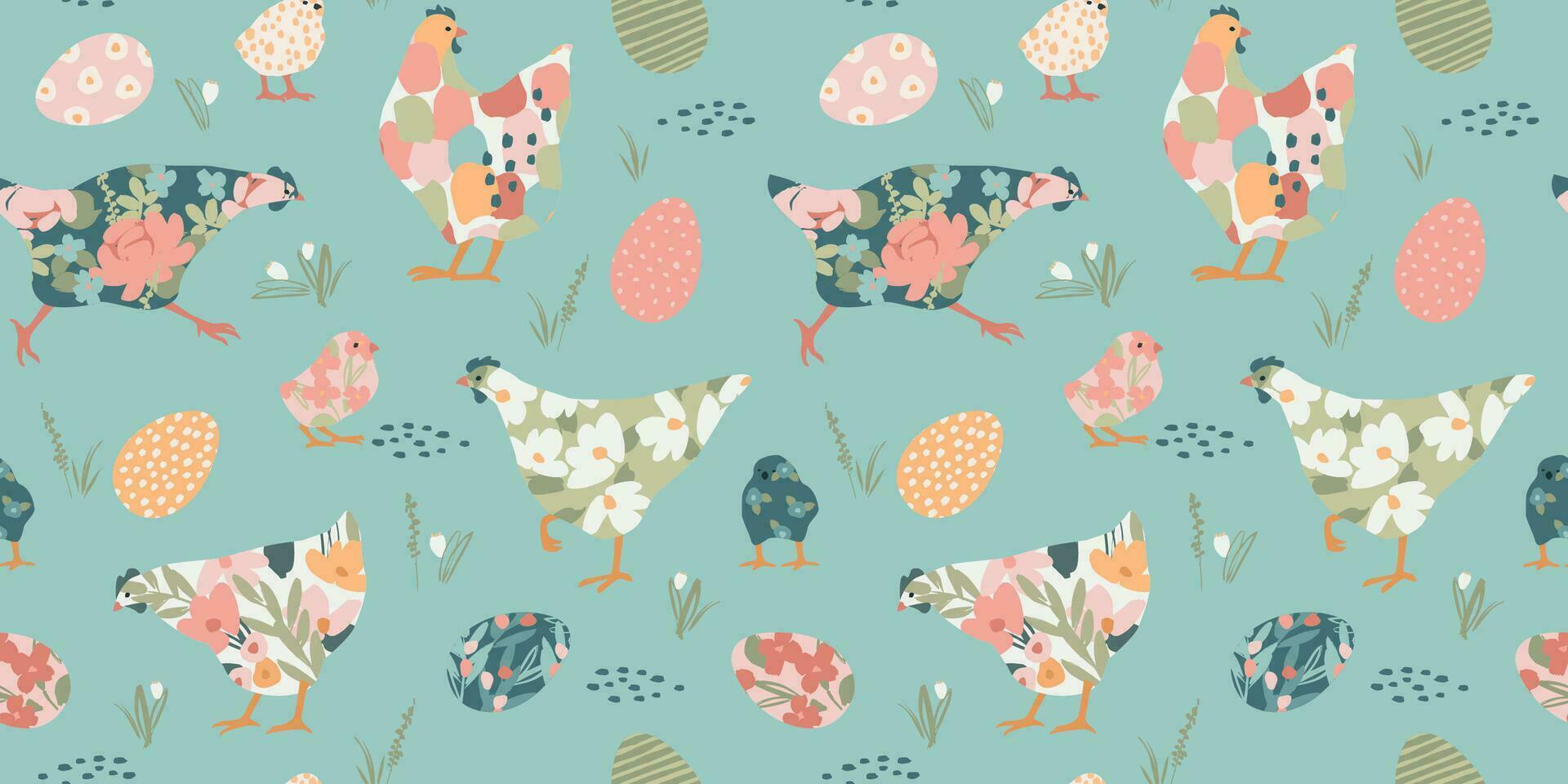 Happy Easter. Vector seamless pattern with abstract chickens. Design element.