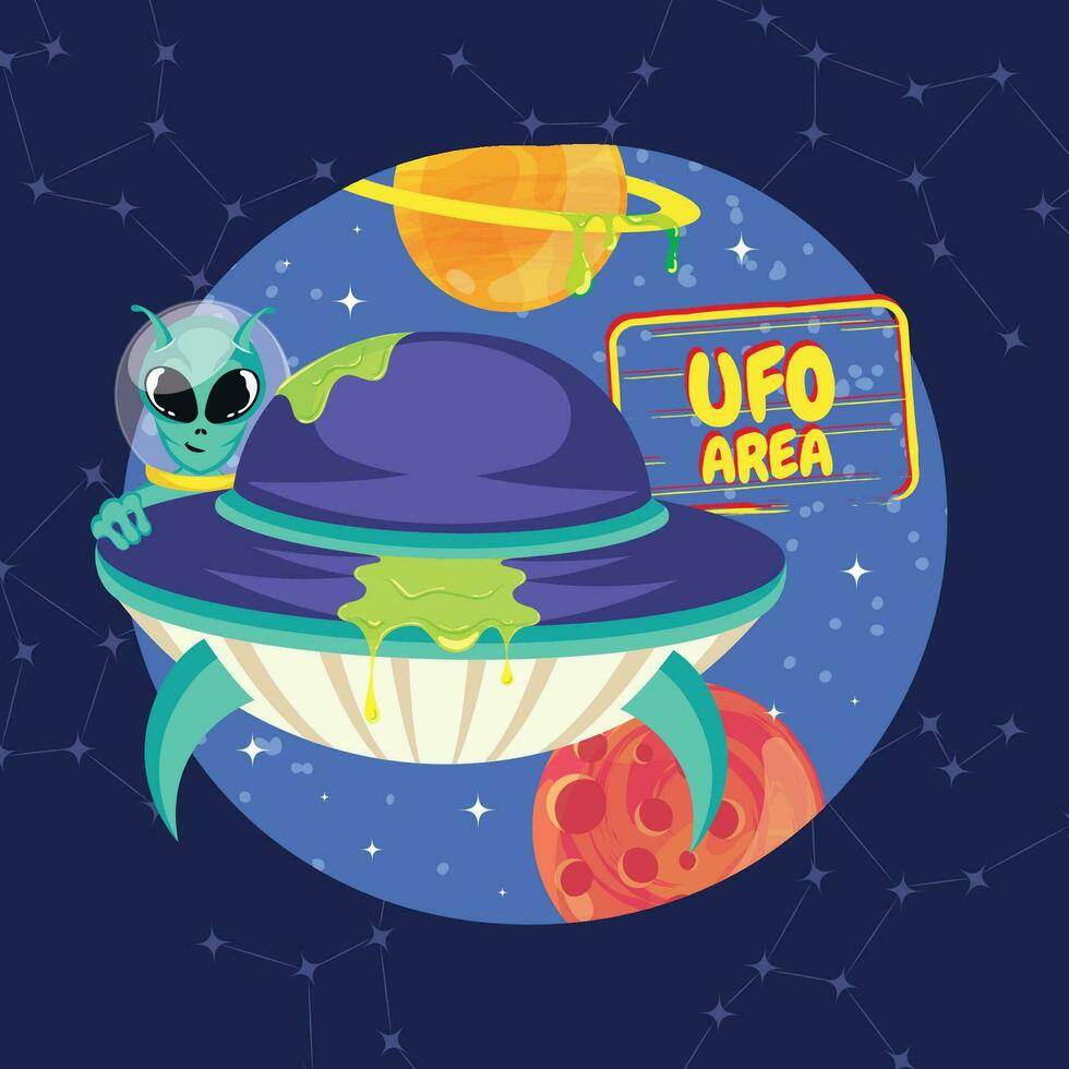 Cute cartoon alien UFO sticker Vector