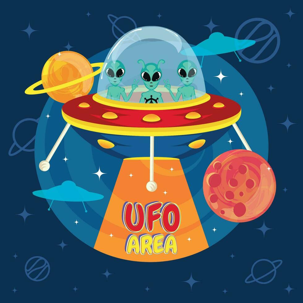 Cute cartoon alien UFO sticker Vector