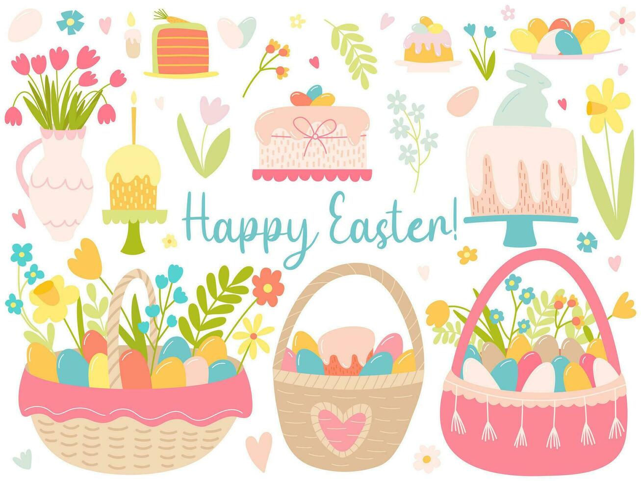 Happy Easter cartoon set. Vector Easter cartoon elements set. Wicker basket, cake, colored eggs and flowers