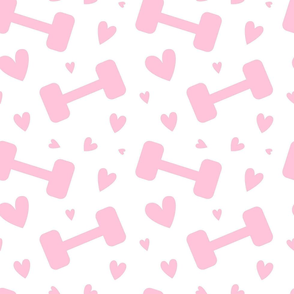 Pink dumbbells and hearts vector seamless pattern