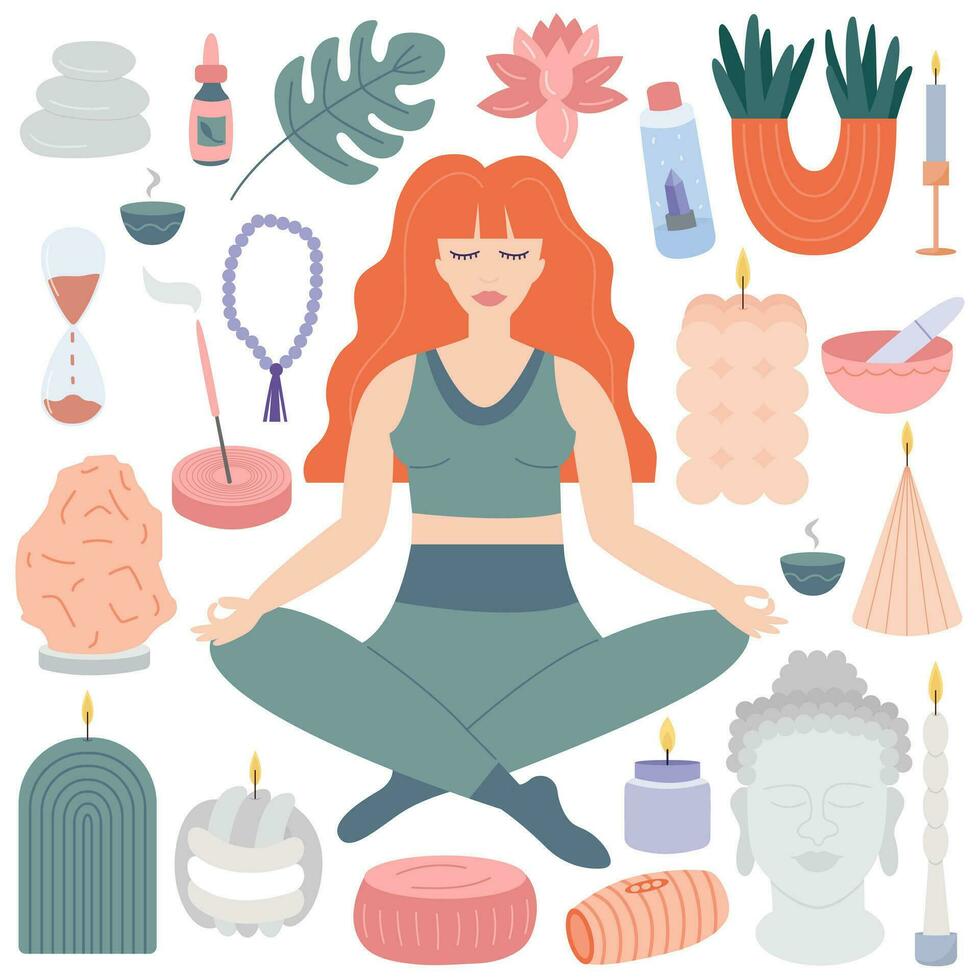 Yoga stickers vector flat set. Woman in lotus pose, buddha statue, candles and aroma sticks flat set