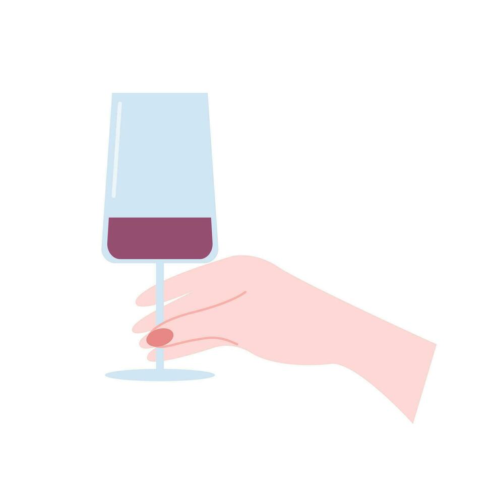 Woman hand holding a glass of red wine flat vector illustration. Wine tasting flat illustration