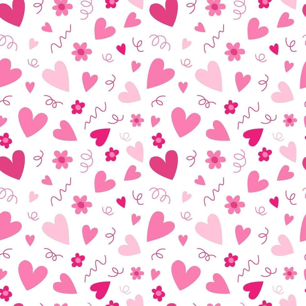 Pink hearts vector seamless pattern. Different hearts and flowers vector pattern on white background