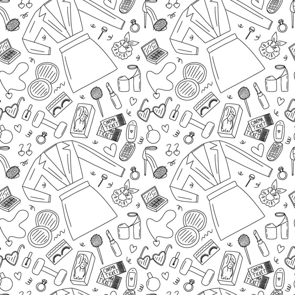 Doodle fashion and cosmetics elements seamless pattern. Hand drawn barbiecore doodle pattern vector