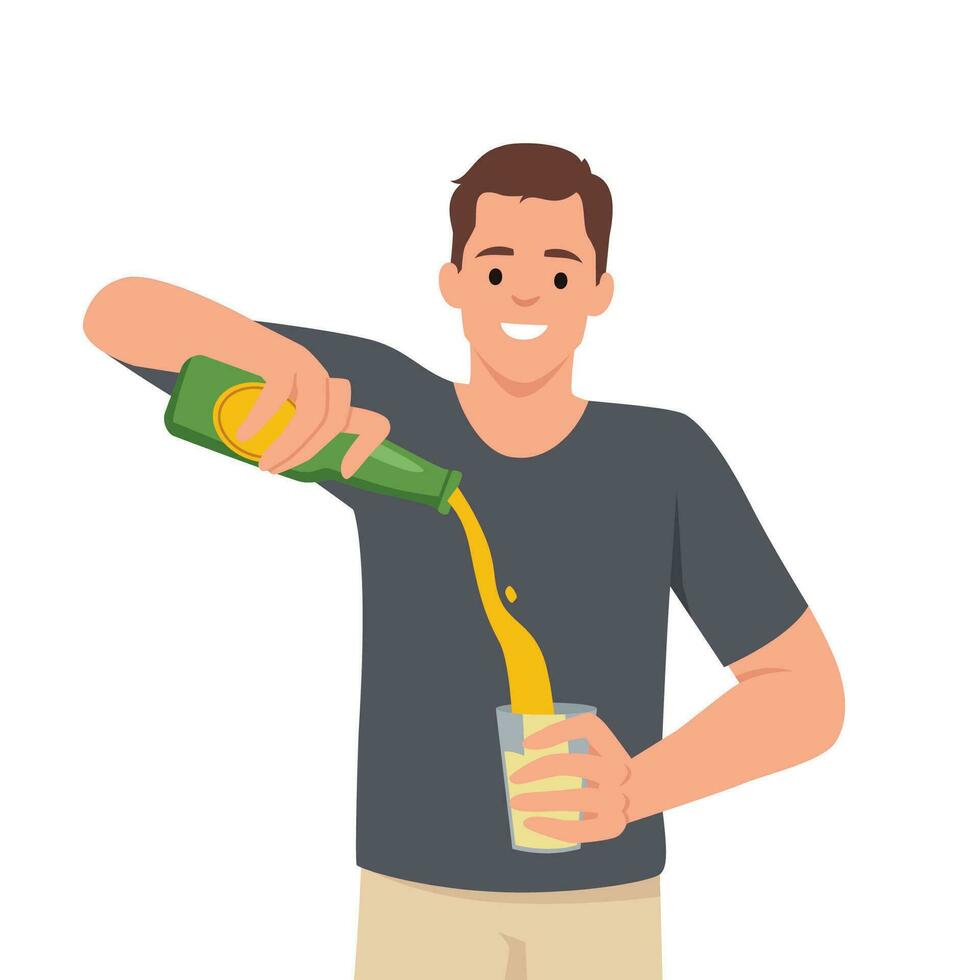 Young man holding bottle beer. pouring beer on glass. vector
