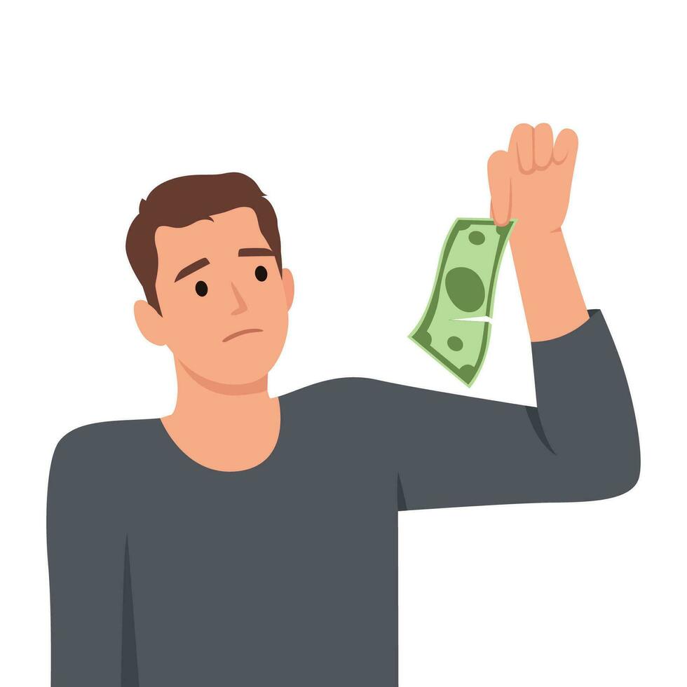 Young man holding ripped money, Broken cash. Man tearing apart money bill in half. vector