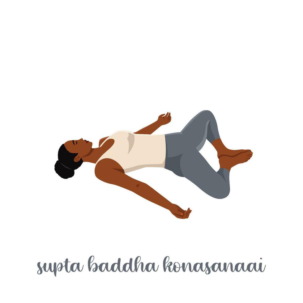 mujer descansando en reclinable ligado ángulo yoga pose, supta baddha konasana, restaurativo, relajante asanas vector