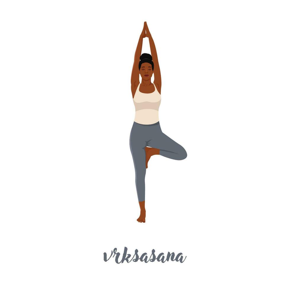 Woman standing in vrksasana posture vector flat illustration. Active female in Tree pose.