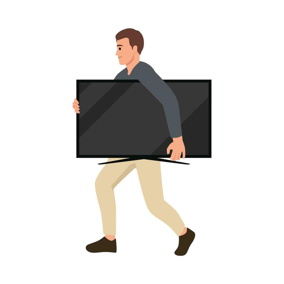 Man Holding Wide TV Screen, Department Store Shopping For Domestic Equipment And Electronic Objects For Home vector