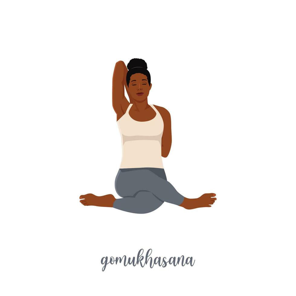 mujer haciendo vaca cara actitud o gomukhasana asana en hatha yoga. vector