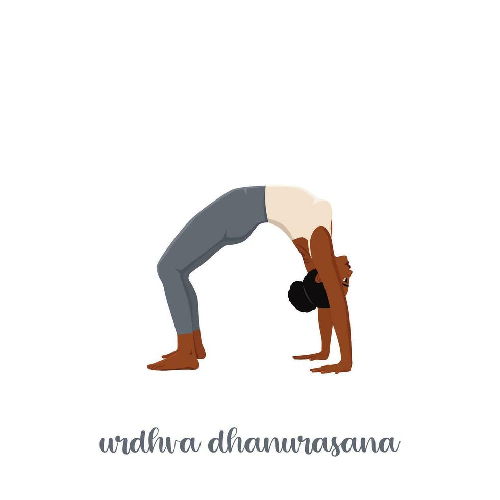 mujer haciendo ejercicio en casa en línea. cuerpo positivo. mujer atractiva. urdhva dhanurasana, postura del arco hacia arriba o de la rueda. ilustración vectorial plana aislada sobre fondo blanco vector