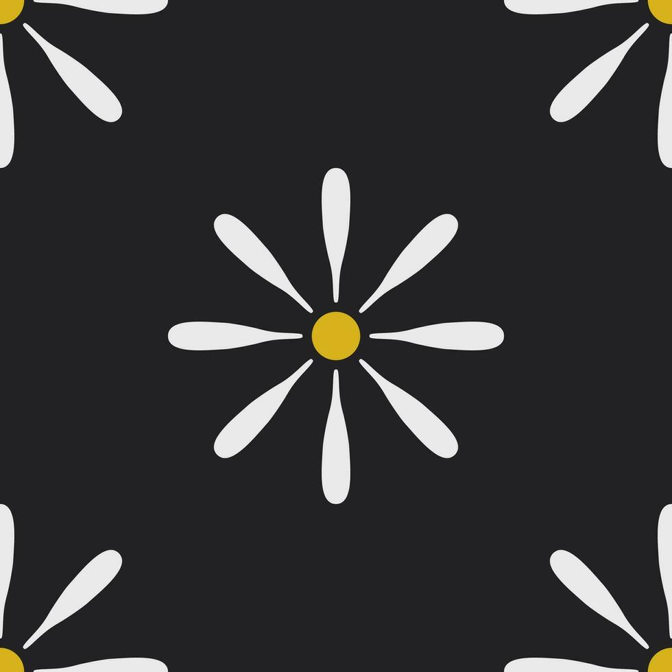 blanco flor pétalo con amarillo polen en llanura negro fondo, Enlosables sin costura modelo con geométrico Arte estilo vector