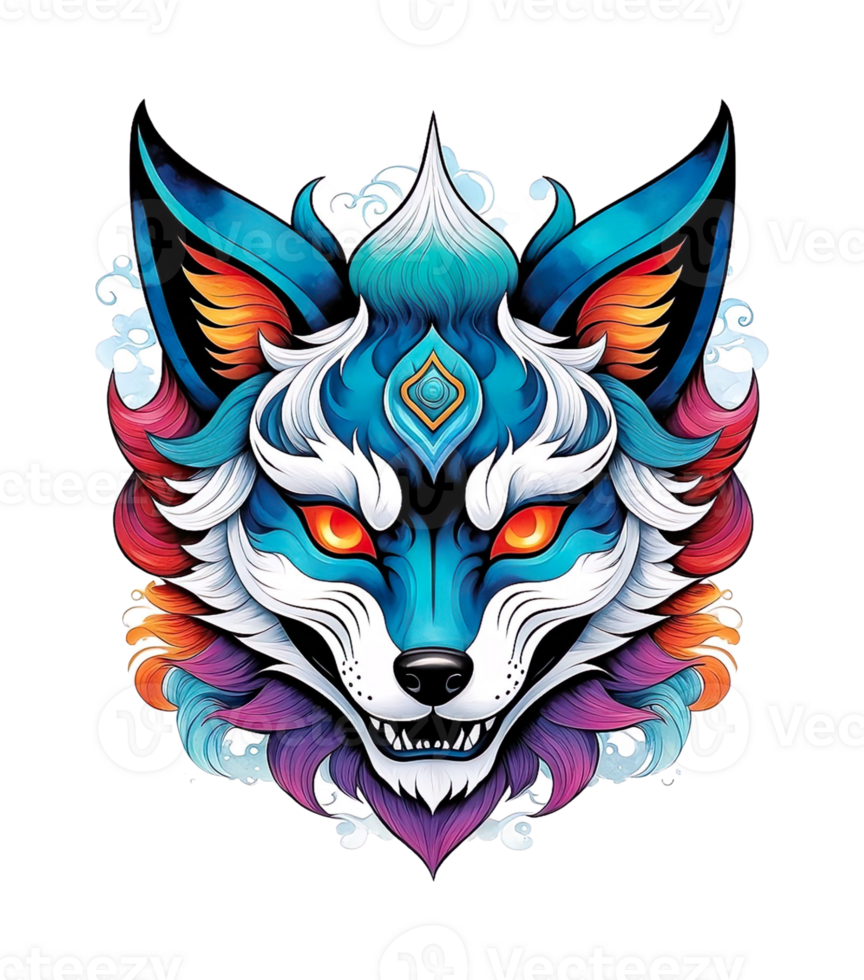 ai genererad kitsune maskot, för t-shirt mönster redo till skriva ut, logotyper, ikoner png