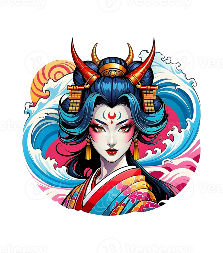 AI generated beautiful geisha with an evil aura, for a t-shirt image ready to print png