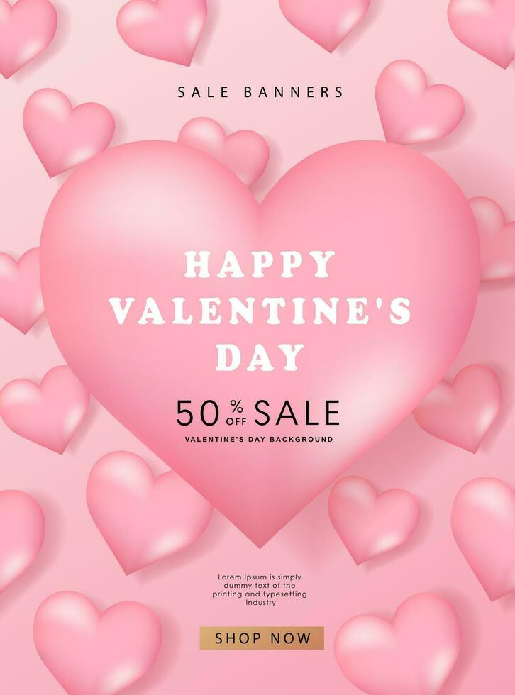 Valentine's day posters set. 3d hearts with place for text. Romantic sale banners templates, vouchers or invitation cards. Vector illustration.