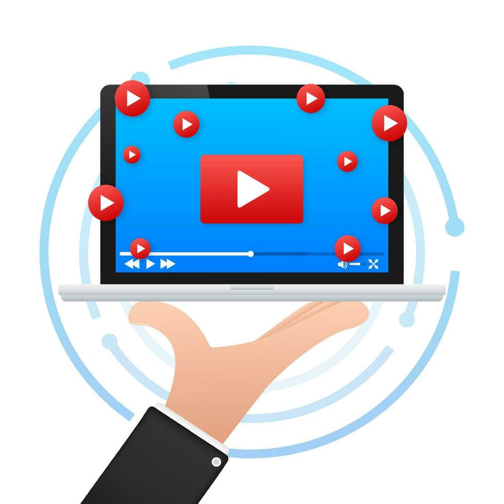 Online video platform concept with play icons on laptop screen, hand holding computer with multimedia interface vector illustration