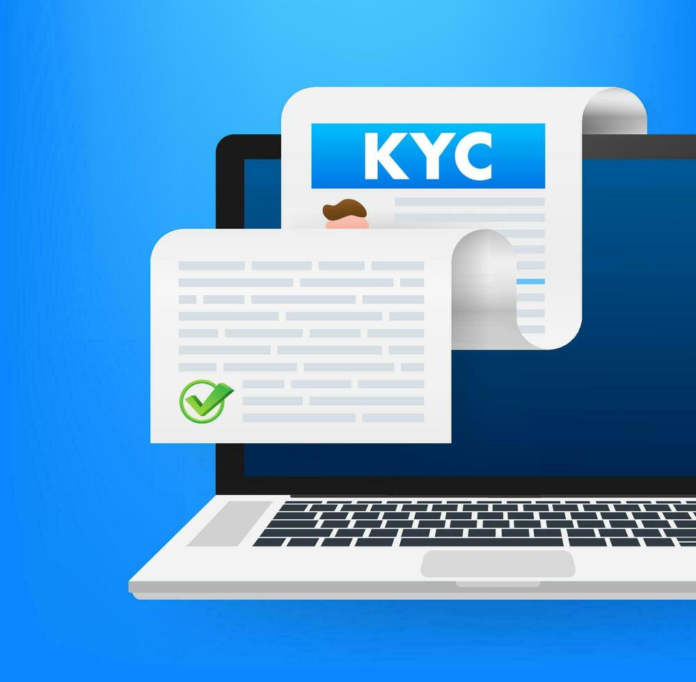 saber tu cliente kyc conformidad vector ilustración con verificado documento en ordenador portátil pantalla para seguro en línea verificación proceso