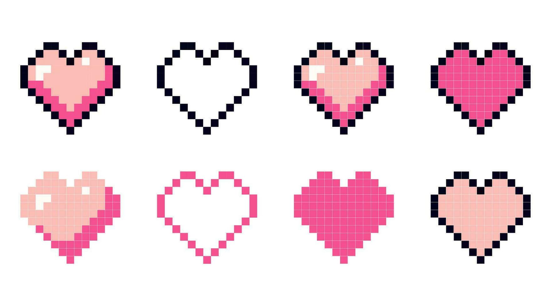 Set of different pink hearts in pixel art style. Pixel icon, vector illustration isolated on white background. Vector 8-bit retro style illustration
