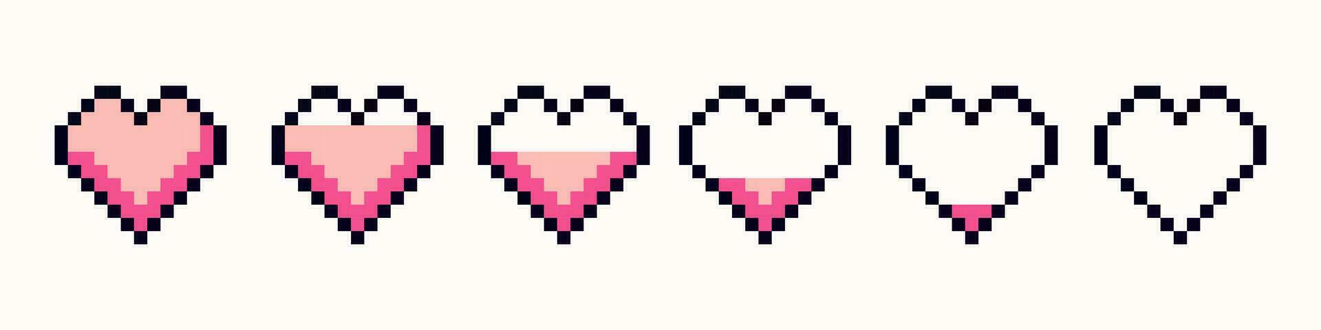 conjunto de diferente rosado corazones en píxel Arte estilo. píxel juego vida bar. píxel icono, vector ilustración aislado en blanco antecedentes. vector 8 bits retro estilo ilustración.