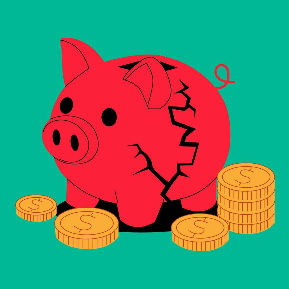 Piggy bank hand drawn vector illustrations. Broken pig and stack of money. Savings and money storage. Symbol of profit and growth.